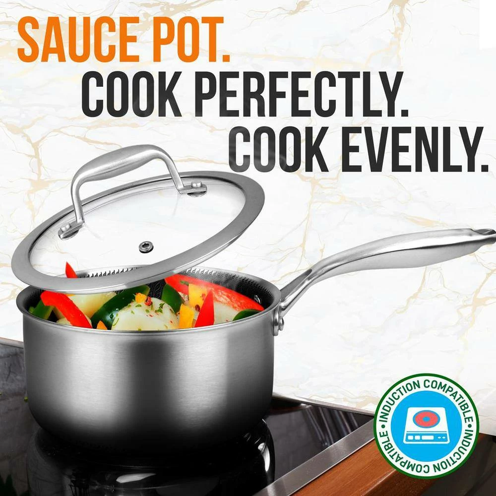 2 qt. Sauce Pot with Glass Lid Triply Stainless Steel Cookware DAKIN Etching Non-Stick Coating Inside and Outside by NutriChef - Image 8