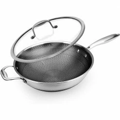 Large 12 in. Black Stainless Steel Woks with Triply DAKIN Etching Non-Stick Coating and Side Handle by NutriChef
