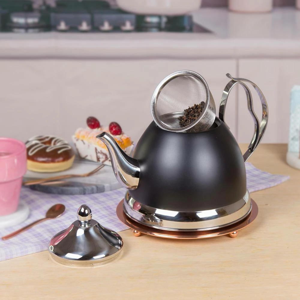 Nobili-Tea 2.0 qt. Opaque Black Stainless Steel Tea Kettle with Removable Infuser Basket, Aluminum Capsulated Bottom by Creative Home - Image 4