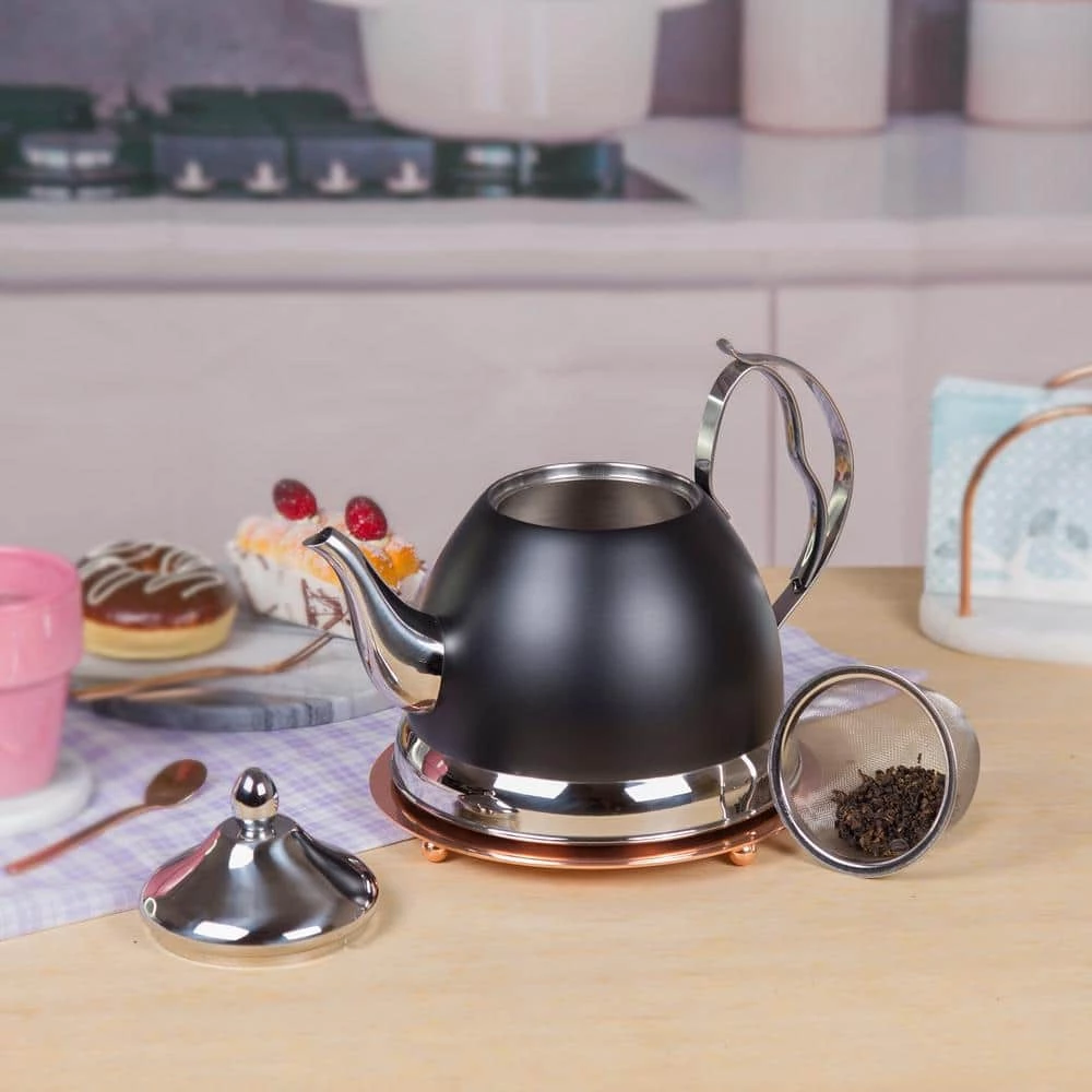 Nobili-Tea 2.0 qt. Opaque Black Stainless Steel Tea Kettle with Removable Infuser Basket, Aluminum Capsulated Bottom by Creative Home - Image 3