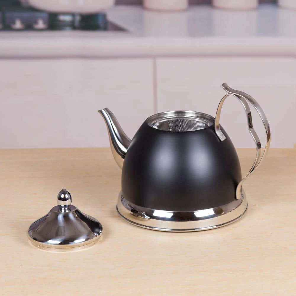 Nobili-Tea 2.0 qt. Opaque Black Stainless Steel Tea Kettle with Removable Infuser Basket, Aluminum Capsulated Bottom by Creative Home - Image 2
