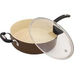 Stone Earth 5.3 qt. Aluminum Ceramic Nonstick Sauce Pan in Coconut Brown with Glass Lid by Ozeri