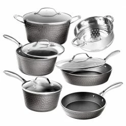 10-Piece Aluminum Hammered Ultra-Durable Non-Stick Diamond Infused Cookware Set in Pewter by GRANITESTONE