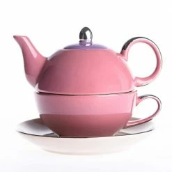 1-Piece Porcelain Tea Pot Pink Tea Pot Teacup and Saucer Set by Artvigor