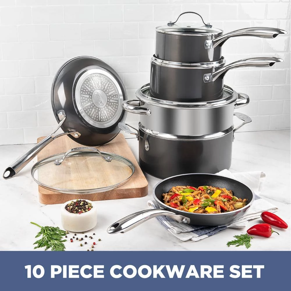 10-Piece Cast-Textured Aluminum Ti-Ceramic Nonstick Cookware Set in Platinum by Gotham Steel - Image 2