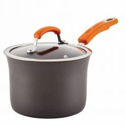 Classic Brights 3 qt. Hard-Anodized Aluminum Nonstick Sauce Pan in Orange and Gray with Glass Lid by Rachael Ray