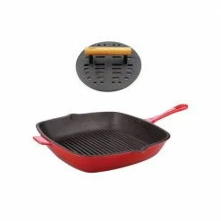 Neo 11 in. Cast Iron Grill Pan in Red with Bacon Press by BergHOFF