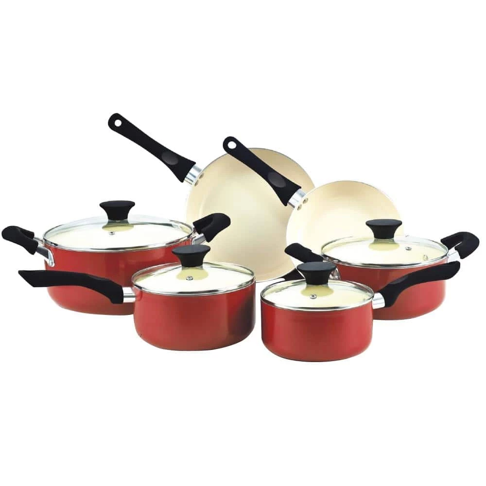 Stay Cool Handle 10-Piece Aluminum Ceramic Nonstick Cookware Set in Red by Cook N Home