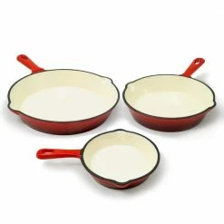3-Piece Cast Iron Skillet Set with Red Enamel Coating by ExcelSteel