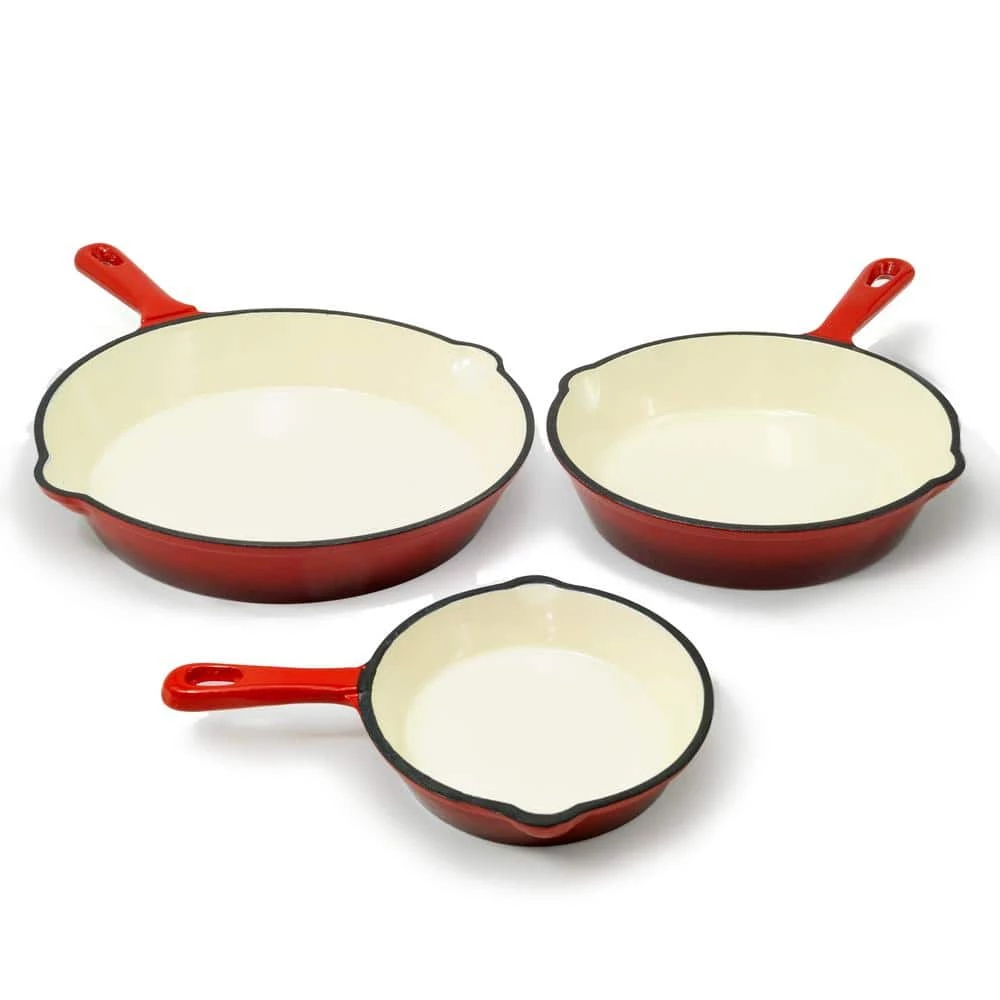 3-Piece Cast Iron Skillet Set with Red Enamel Coating by ExcelSteel