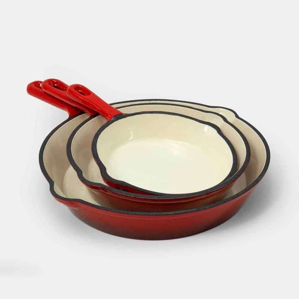 3-Piece Cast Iron Skillet Set with Red Enamel Coating by ExcelSteel - Image 2