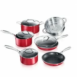 10-Piece Aluminum Red Ultra-Durable Non-Stick Diamond Infused Cookware Set with Glass Lids by GRANITESTONE