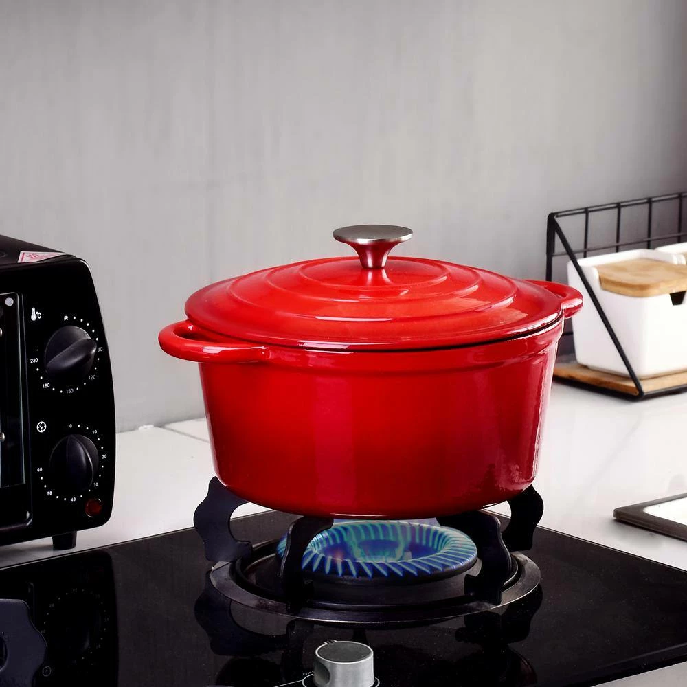 1-Piece 4 qt. Red Round Enamel Cast Iron Dutch Oven with Lid by Velaze - Image 5