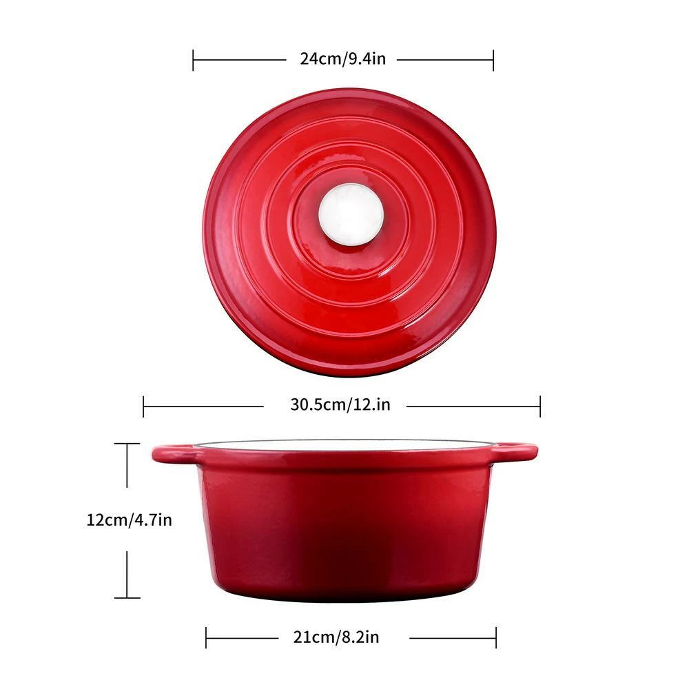 1-Piece 4 qt. Red Round Enamel Cast Iron Dutch Oven with Lid by Velaze - Image 2