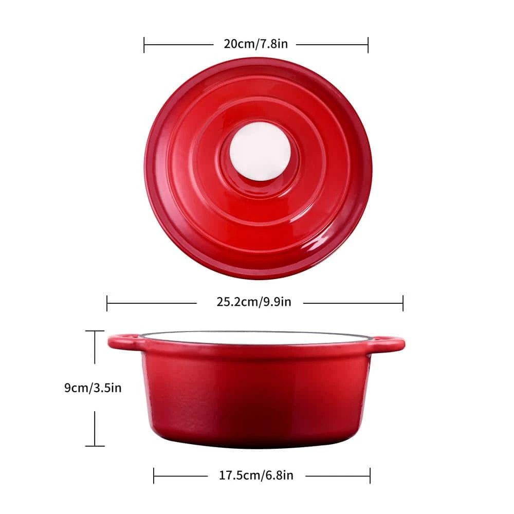 1-Piece 2 qt. Red Round Enamel Cast Iron Dutch Oven with Lid by Velaze - Image 2