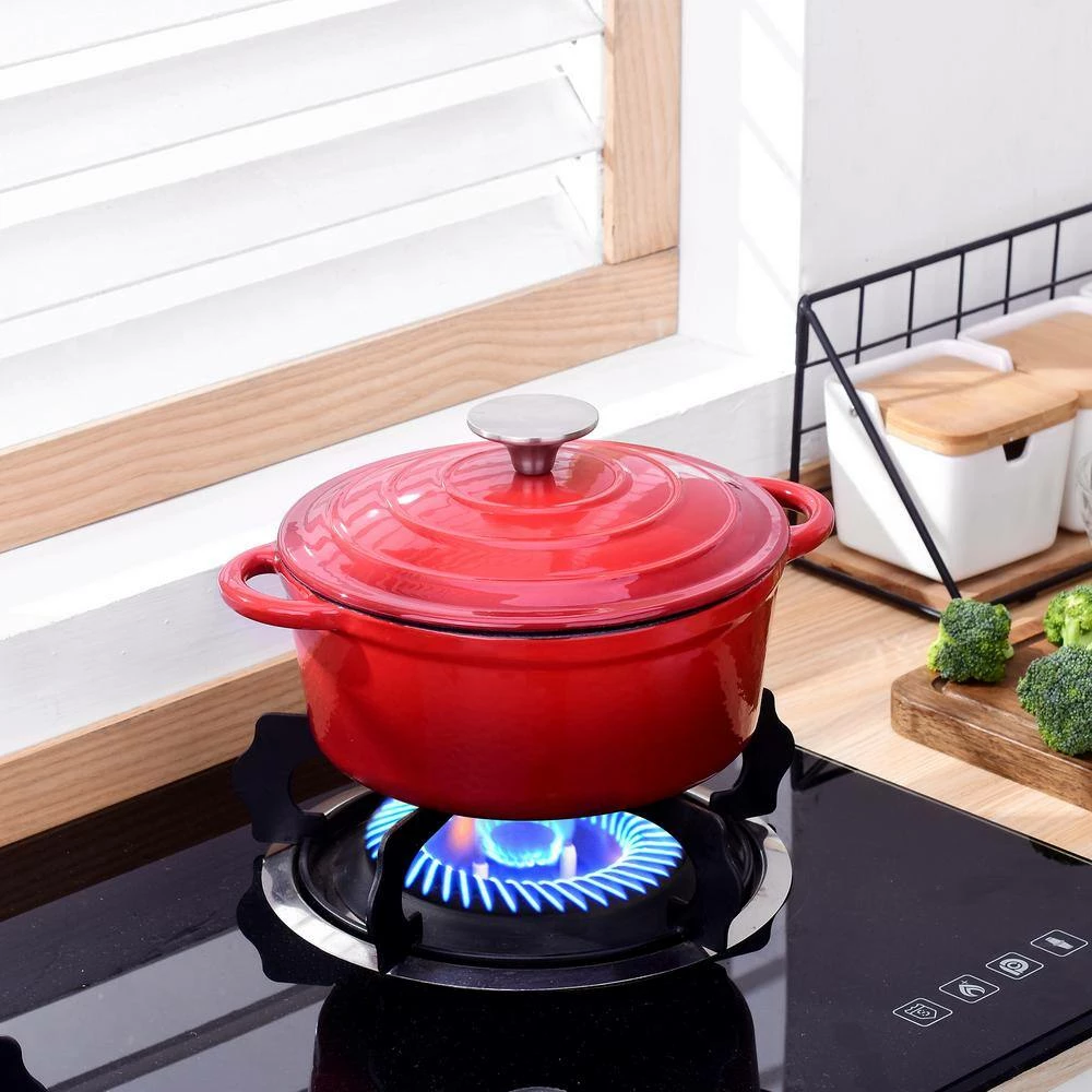 1-Piece 2 qt. Red Round Enamel Cast Iron Dutch Oven with Lid by Velaze - Image 6