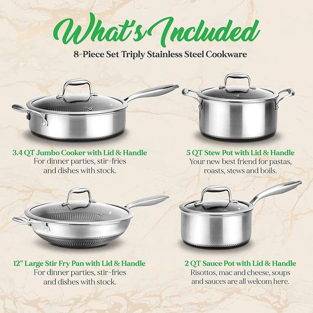8 pc. Nonstick Stainless Steel Kitchen Cookware Pan Set w/Lids (2 Pack) by NutriChef - Image 3