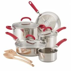 Create Delicious 10-Piece Stainless Steel Cookware Set in Stainless Steel with Red Handles by Rachael Ray