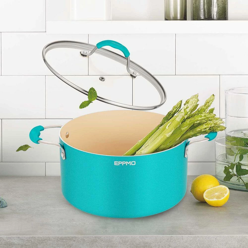 5.9 Qt. Ceramic Aluminum Nonstick Stock Pot in blue with Lid by EPPMO - Image 2