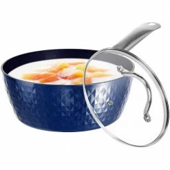 1.5 qt. Blue Ceramics Small Soup Pot Round Nonstick Saucepan with Lid by cadeninc