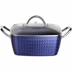 4.22 qt. Blue Ceramics Cooking Soup Pot Small Square Nonstick Soup Pot with Lid by cadeninc