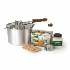 4-Piece Aluminum Silver Stovetop Popcorn Popper Set with DIY Organic Popcorn Kit by Whirley Pop