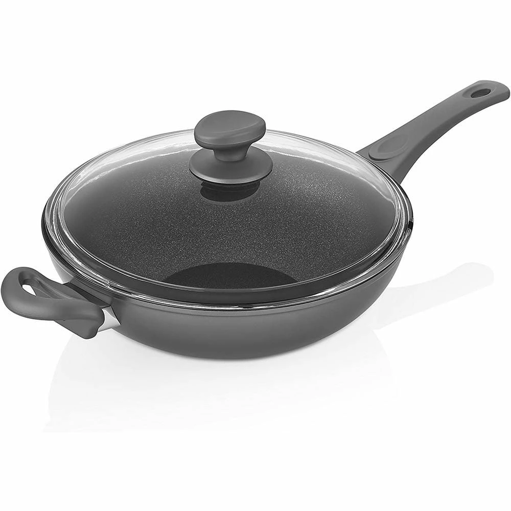 11 inch Titanium Coated Aluminum NonStick Wok Pan in Gray with Glass Lid by Context